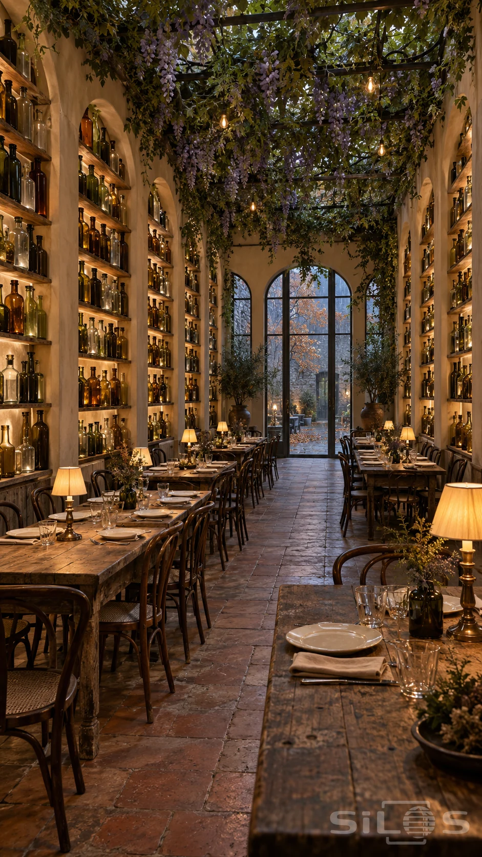 An empty dining room has tall bottle-filled wall arches, rustic tables and a leafy ceiling with purple flowers.