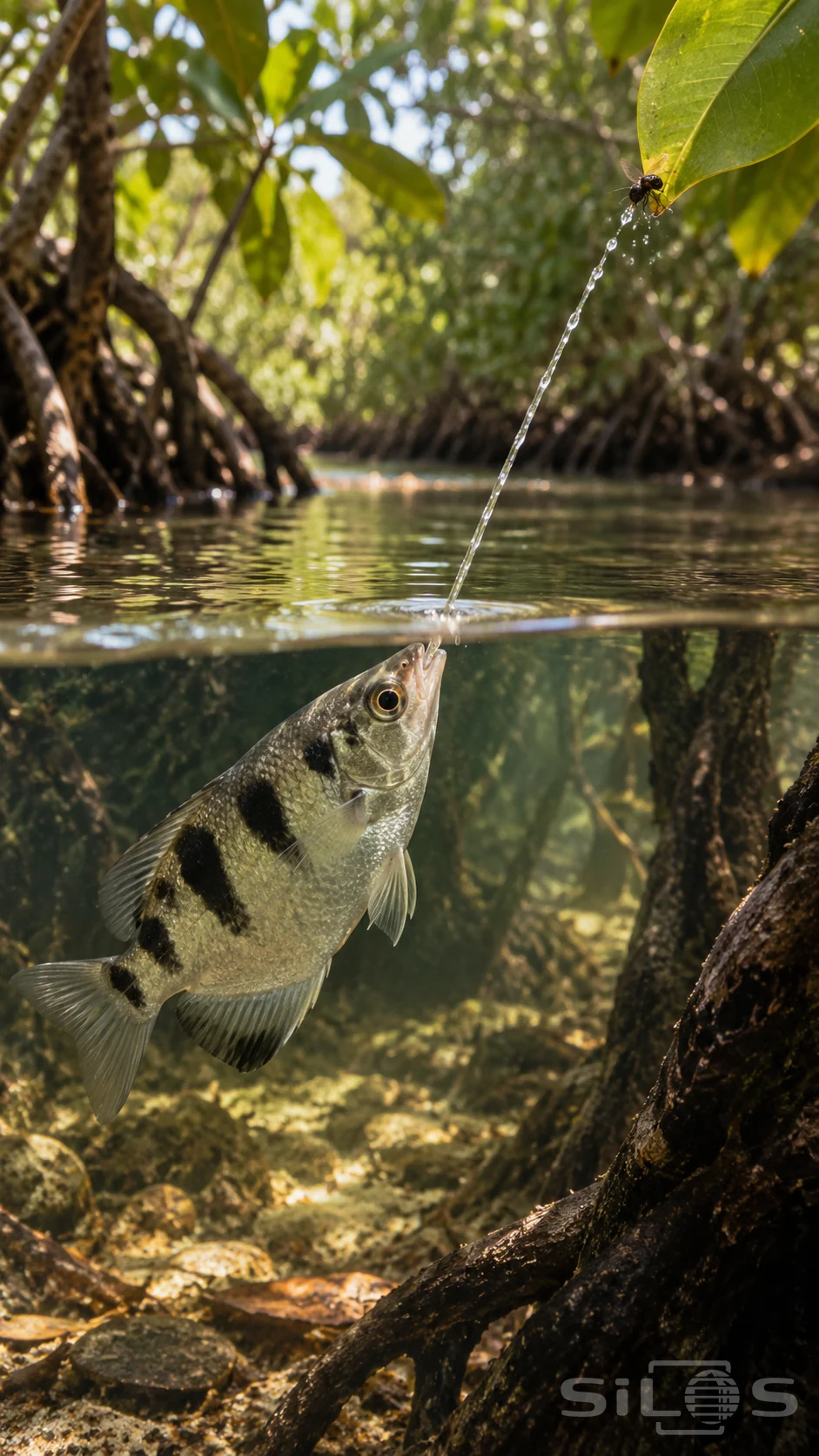 A silver archerfish with dark flank patches sends a thin water jet toward a fly on a green leaf above a mangrove creek.