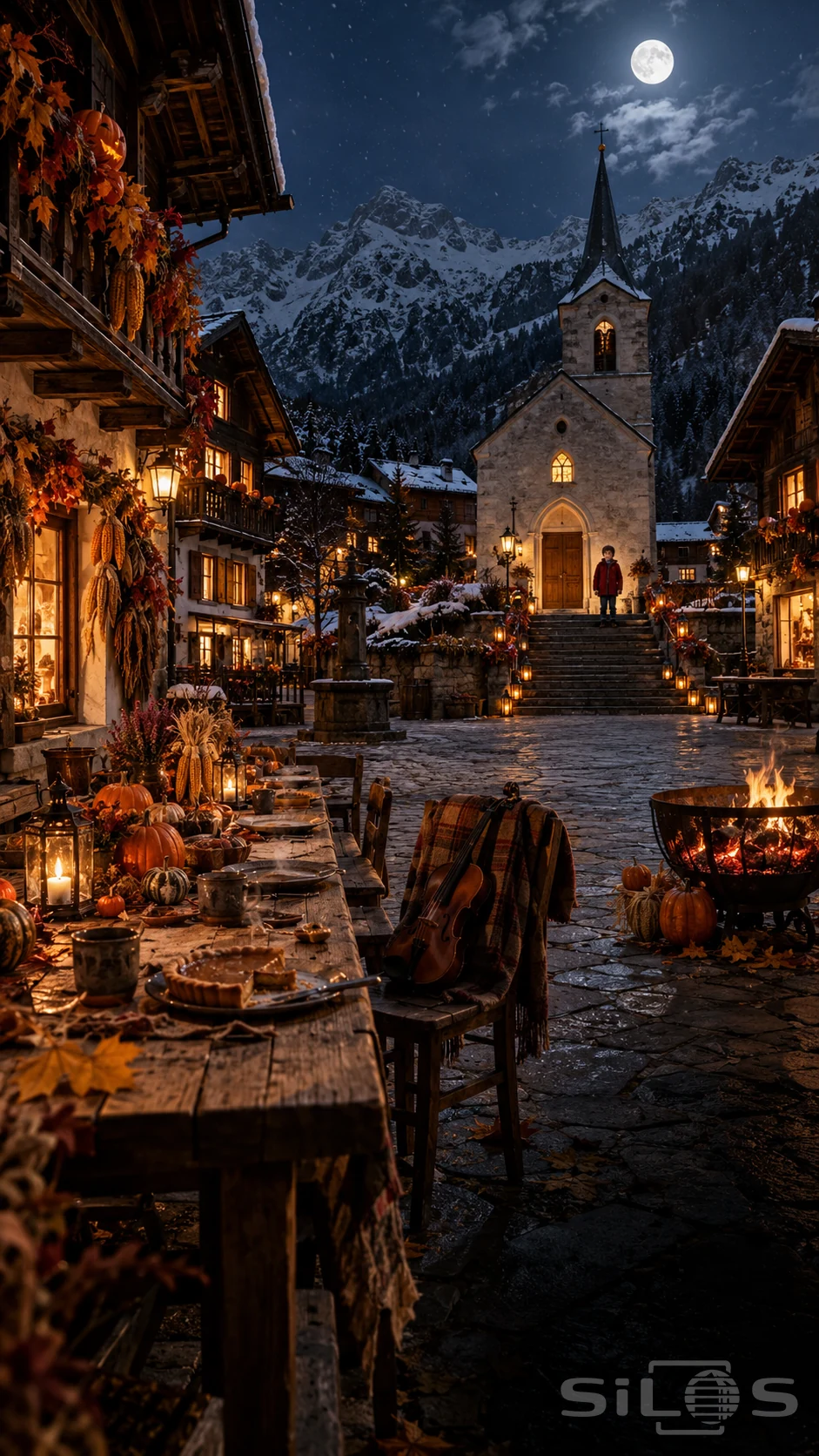 Lone boy in a red coat on church steps above an empty alpine square with pumpkin pie, a fiddle, lanterns and snowy peaks