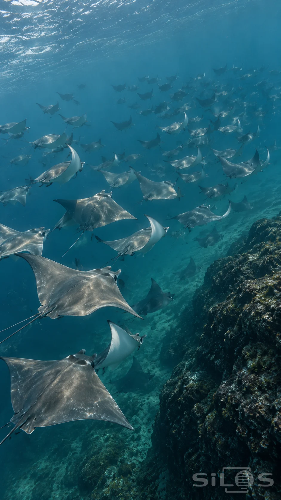 A large school of silver-backed rays turns beside a dark underwater rock slope beneath the rippling surface.