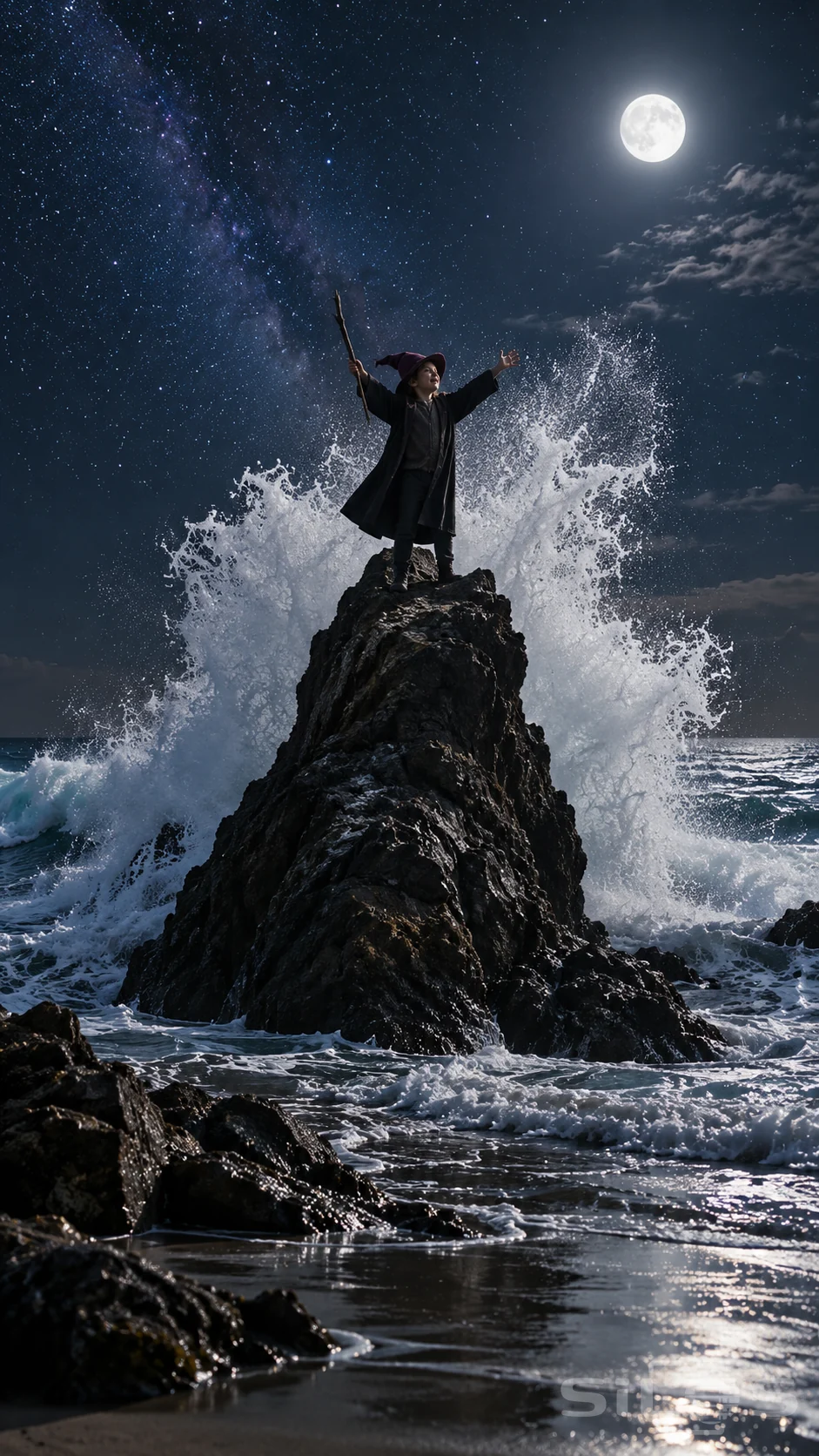 A boy in a plum wizard hat raises a stick on a dark sea rock while moonlit surf bursts behind him under a starry sky.
