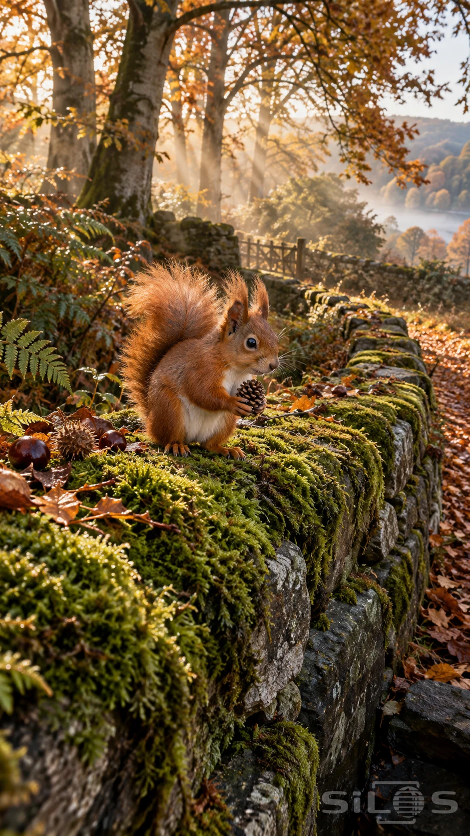 A red squirrel holds a pine cone on a moss-covered stone wall with autumn woodland extending behind it.