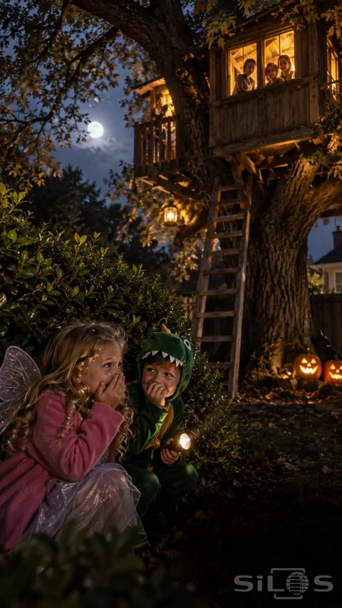 Little girl in a fairy costume and boy in a dinosaur onesie giggle behind a bush beneath a warmly lit oak tree house