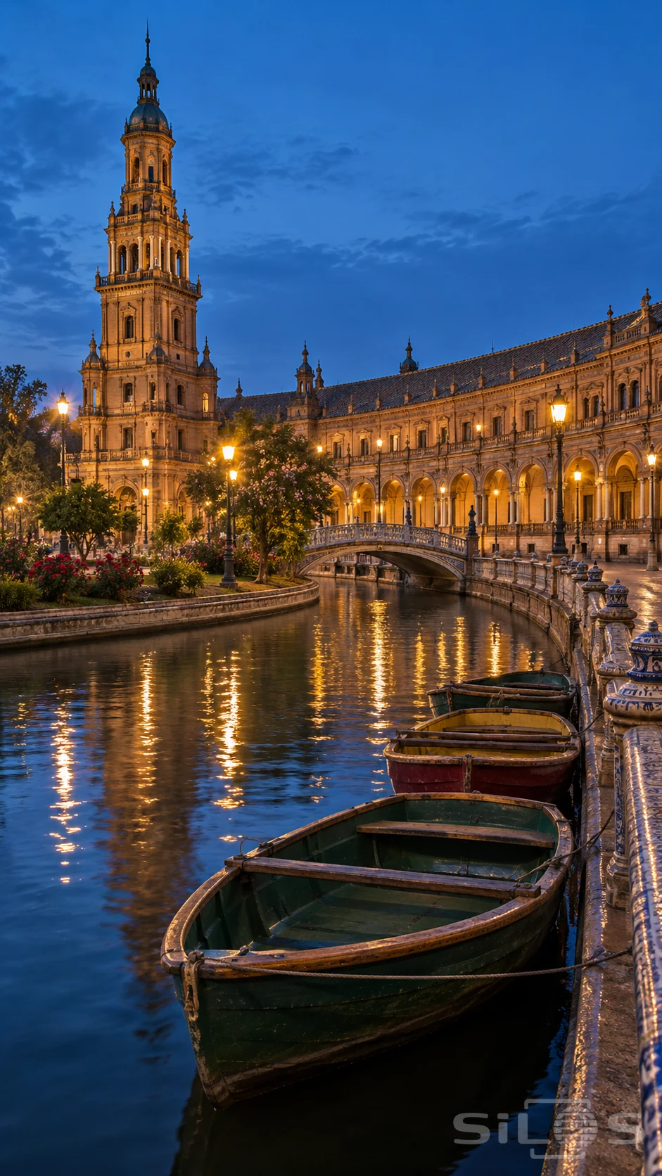 An illuminated terracotta tower and long arcade overlook a curved canal with a tiled bridge, patterned railings and empty wooden boats.