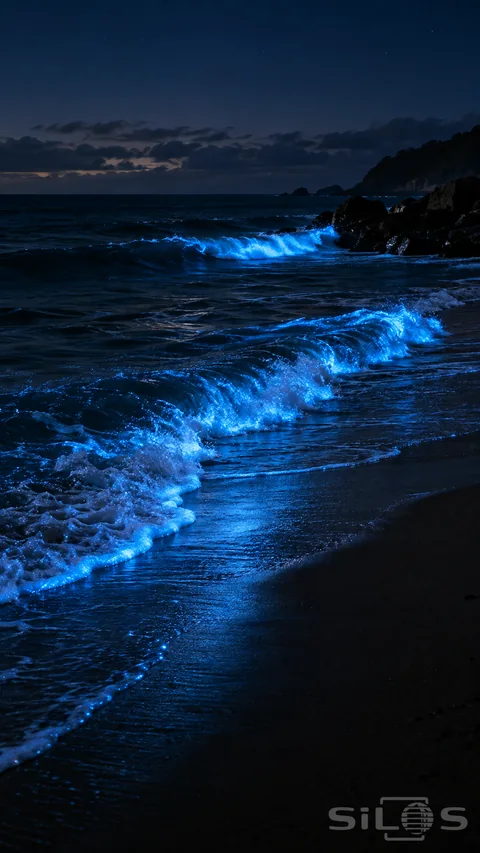 Blue waves break along a dark empty beach; with luminous foam reflected on wet sand and black rocks beneath a cloudy night sky.