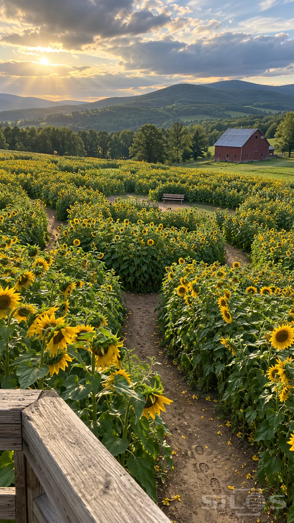 A sunflower maze with branching earth paths and a central bench stretches toward a red barn and distant hills.