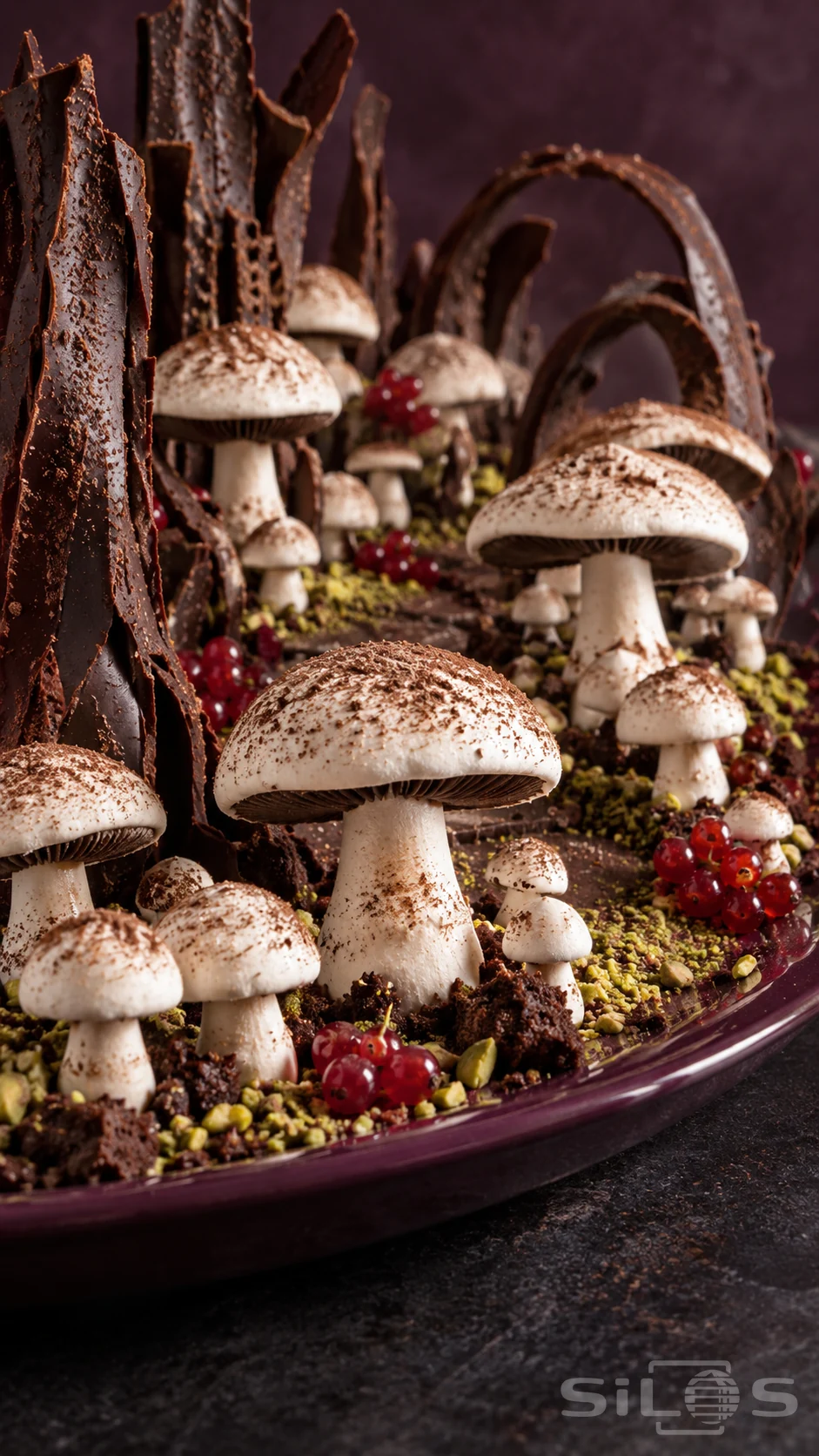 White meringue mushrooms stand among chocolate bark, pistachio crumbs and redcurrants on a plum platter.