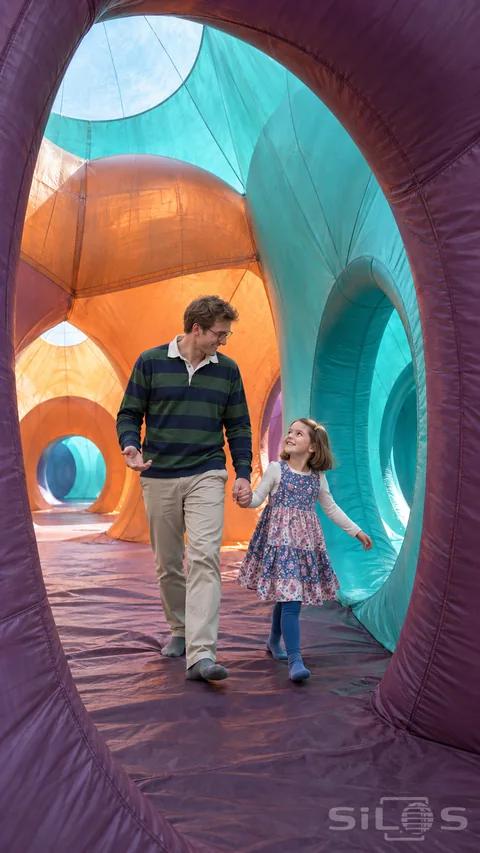 A color labyrinth surrounds a smiling father and daughter holding hands beneath tall turquoise and orange inflatable arches.