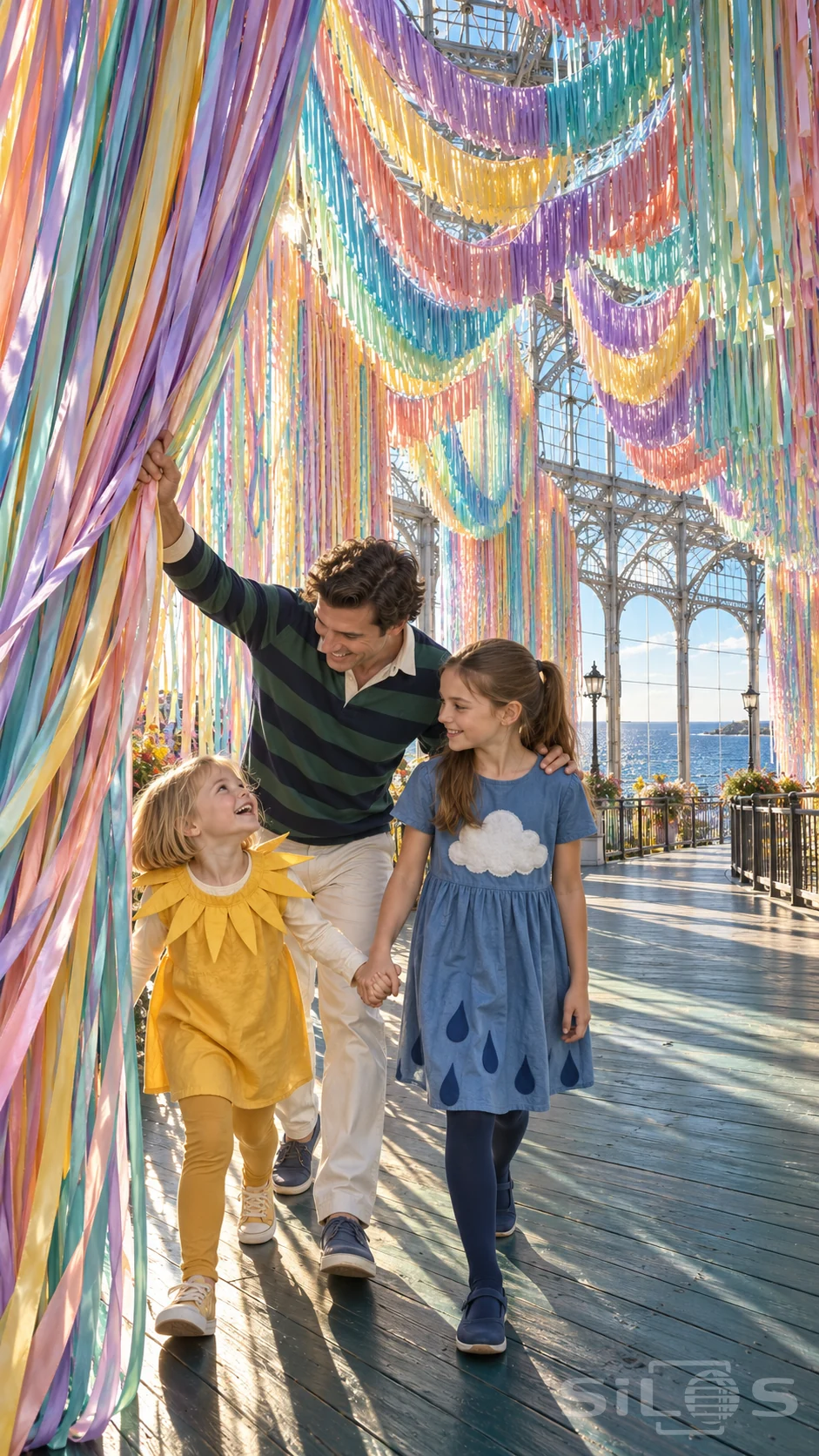 A father parts a ribbon waterfall for two daughters in sun and cloud costumes beneath a grand glass seaside promenade.