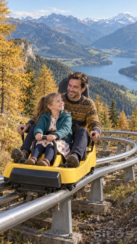 A father and daughter laugh during an alpine coaster ride in a yellow rail cart above a blue lake and golden larch trees.