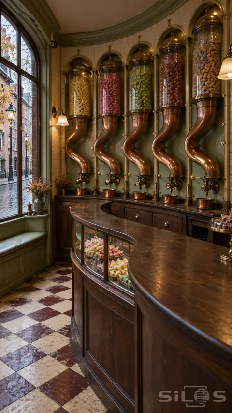 Tall glass sweet dispensers and curved copper chutes above a walnut counter; beside an arched window and worn checkerboard floor.