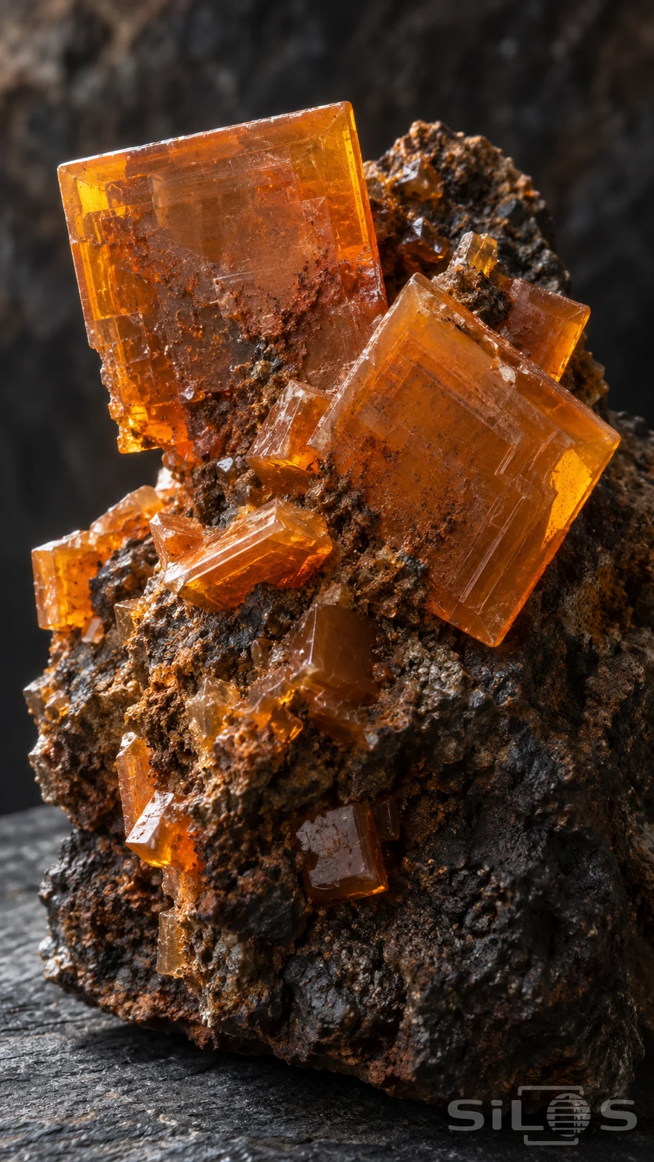 Wulfenite crystals form orange square plates with stepped faces and glowing edges on a rough charcoal-brown rock matrix.