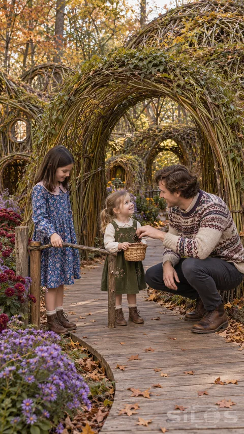 A willow tollgate stops a crouching father who holds a pinecone above his daughter’s basket while her sister keeps the twig gate.