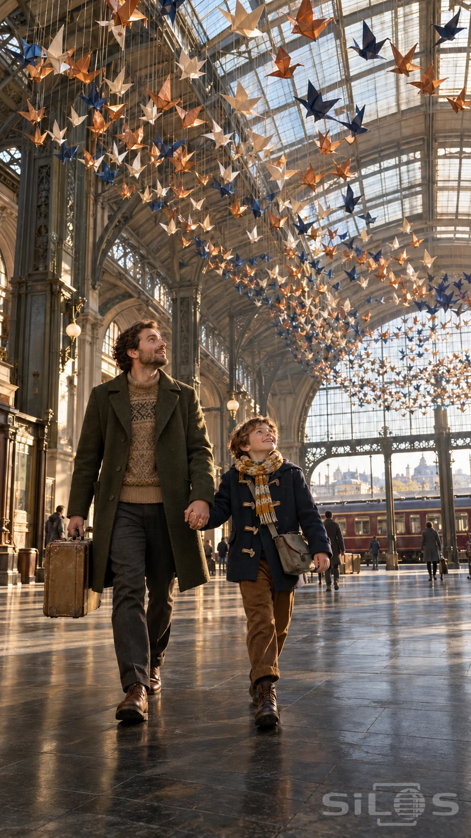 Paper crane canopy above a father and son holding hands in a grand station concourse beside a burgundy train.