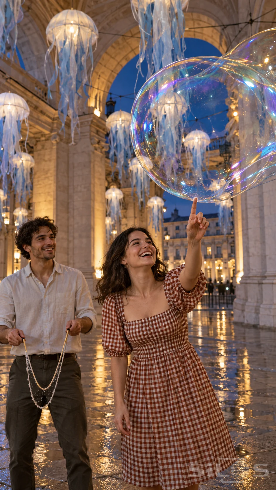 An adult woman reaches toward a giant bubble while a man holds bubble wands beneath jellyfish lanterns in a stone arcade.