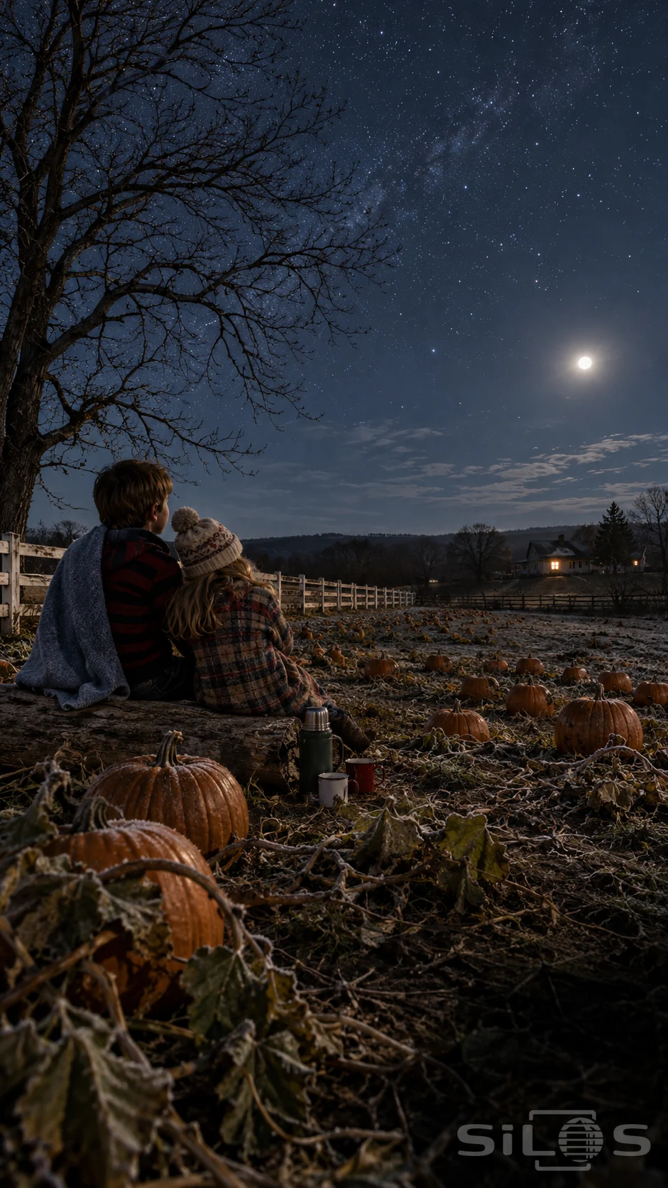 Two warmly dressed children sit on a fallen log with a blue blanket in a frosty pumpkin patch beneath stars and moonlight.