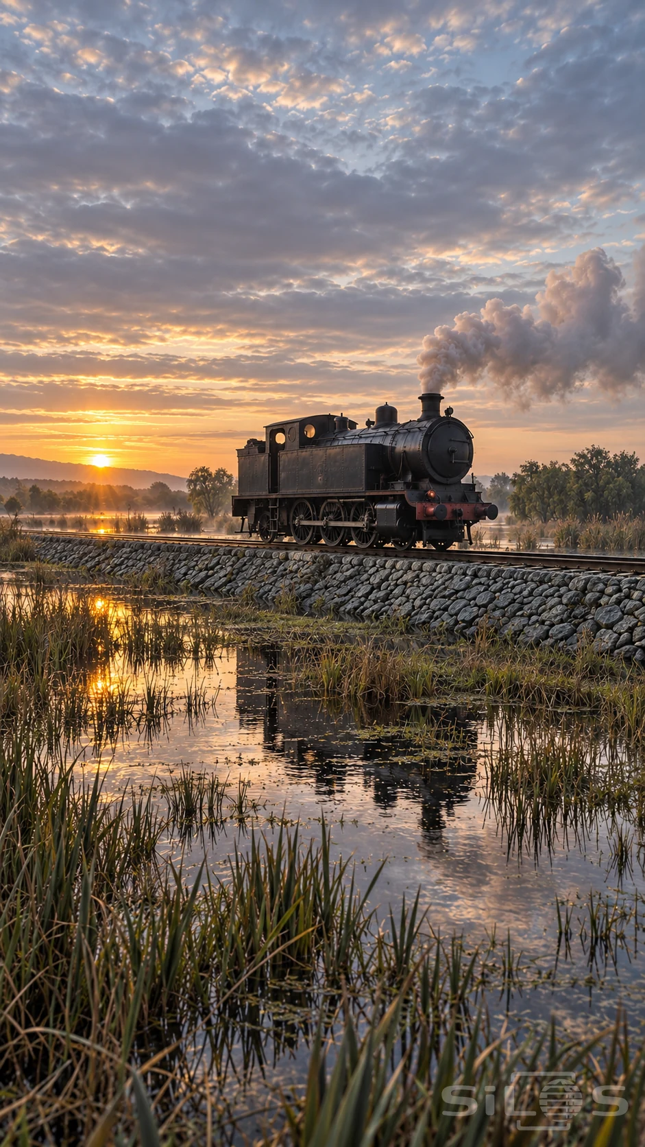 A black tank engine crosses a raised stone causeway through flooded marsh reeds, with sunrise reflections and a drifting exhaust plume.
