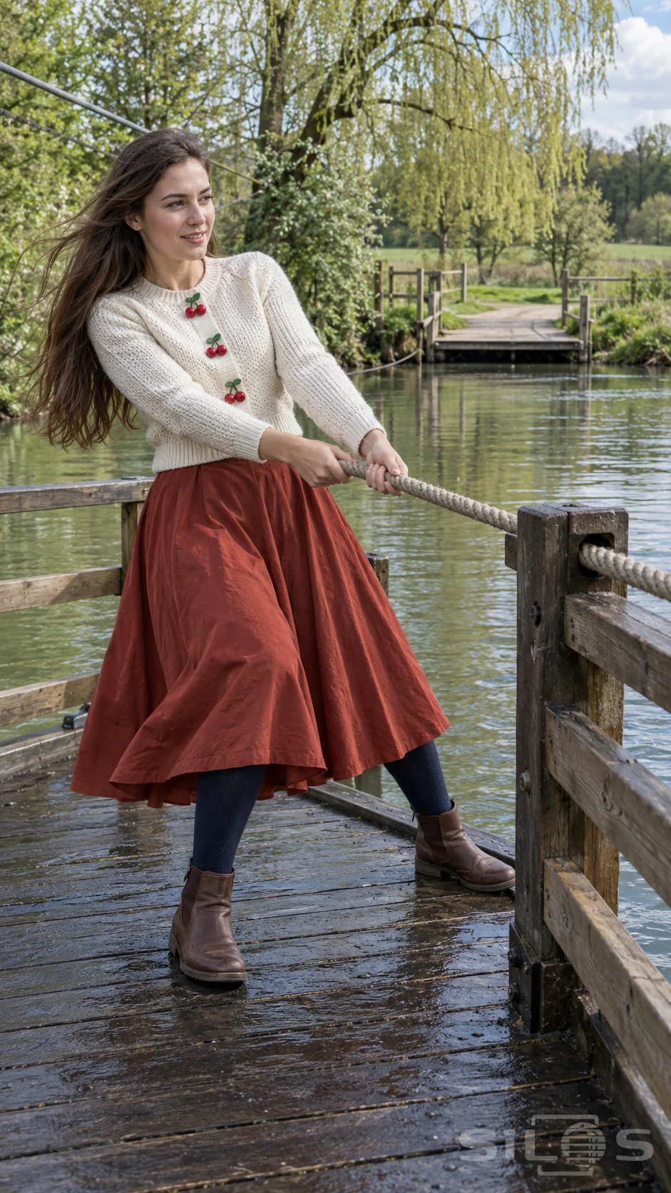 Woman in an ivory cherry cardigan and rust circle skirt pulls a thick rope on a wooden river ferry.