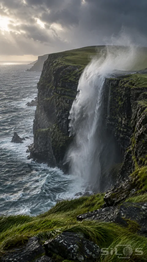 Windblown waterfall with white spray curling above dark sea cliffs and wet grass beside a gray ocean.