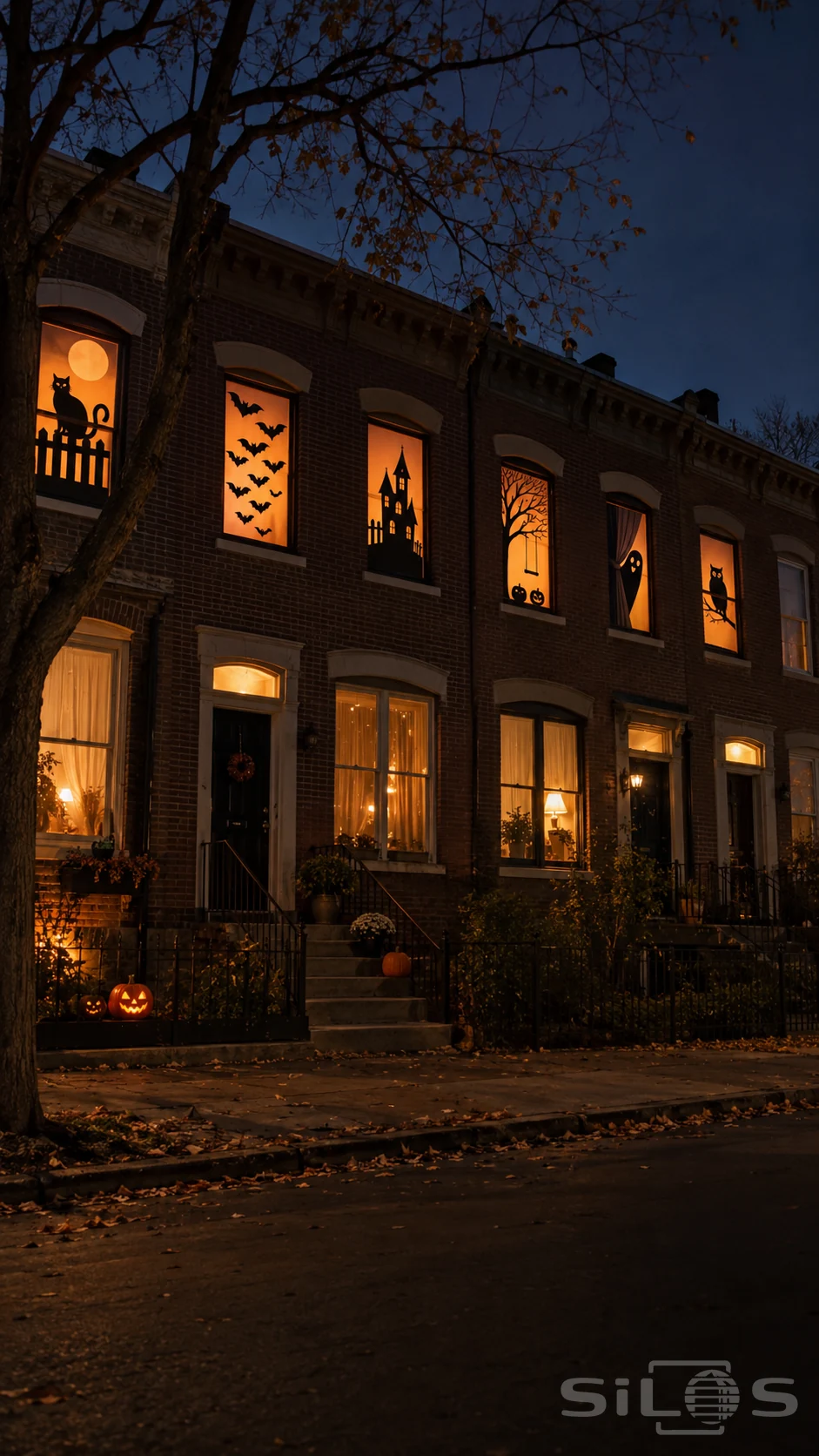 Black Halloween silhouettes fill six orange-lit upper windows of brick townhouses beside a nearly bare street tree and pumpkin-lined stoops.