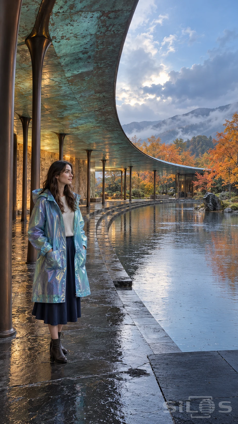A woman in an iridescent blue raincoat, ivory sweater and navy skirt stands beside a rain-dappled pool beneath a curved copper pavilion.