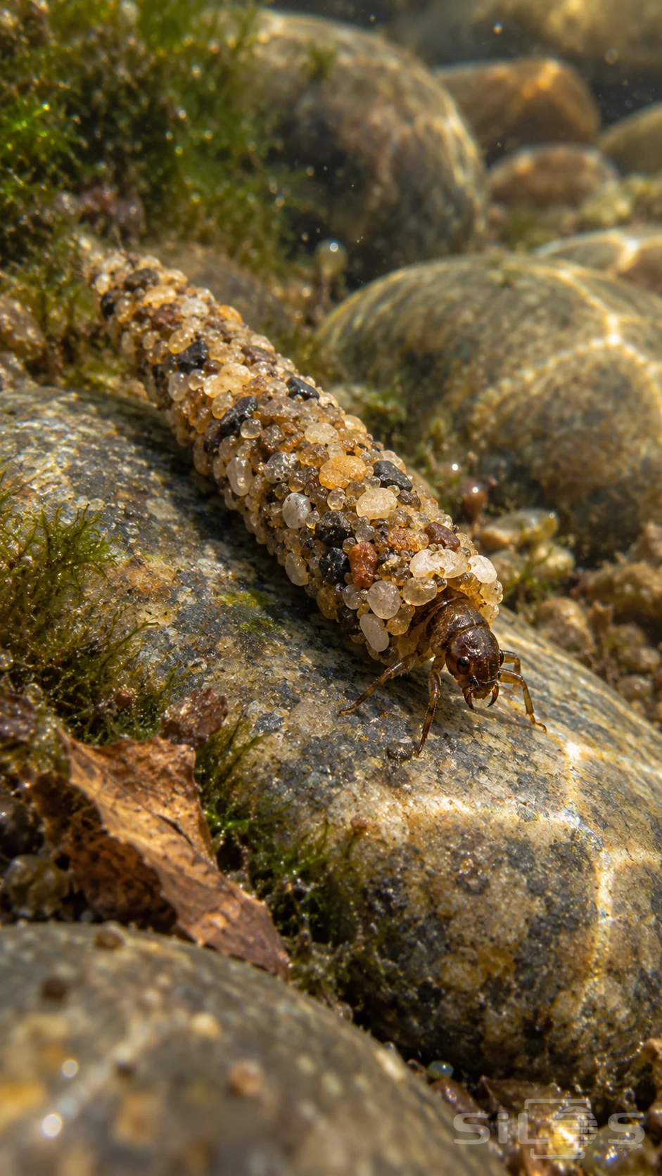 A caddisfly case made of amber and cream sand grains crosses a wet pebble with the larva’s dark head and legs extending forward.