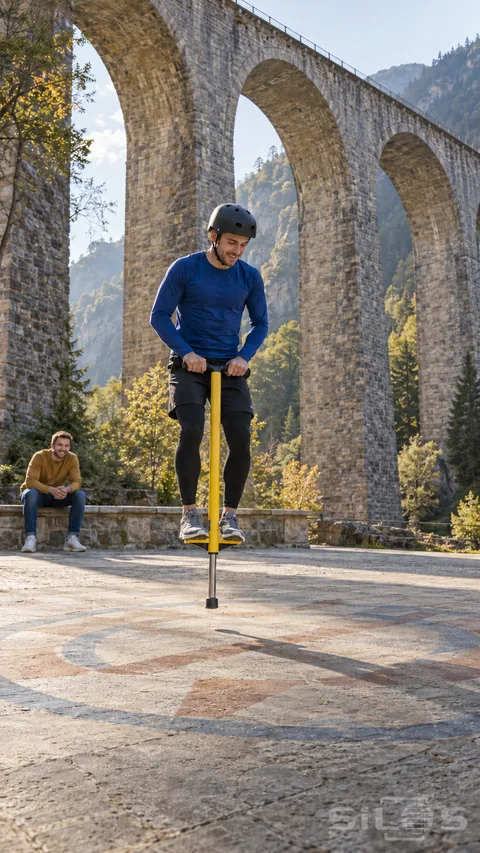 A helmeted man makes a low pogo jump on a painted court beneath a stone viaduct while a seated friend watches.