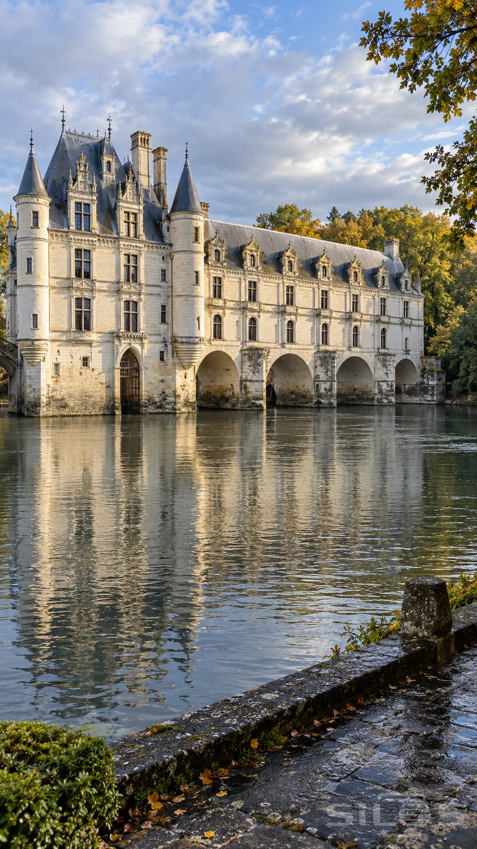 Pale stone palace with corner turrets and a long arched gallery spanning a calm river beside autumn trees.