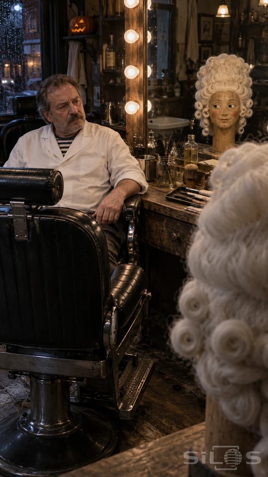 An older barber sits opposite a carved wooden wig block with a powdered wig and sideways painted eyes.