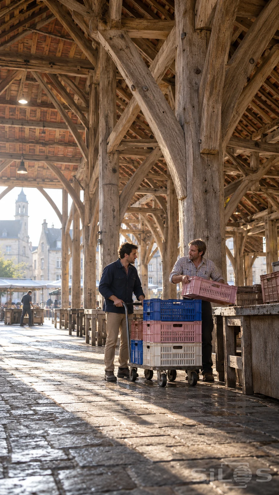 Two workers transfer a pink crate from a trolley beneath the wooden braces of a tall timber market hall.