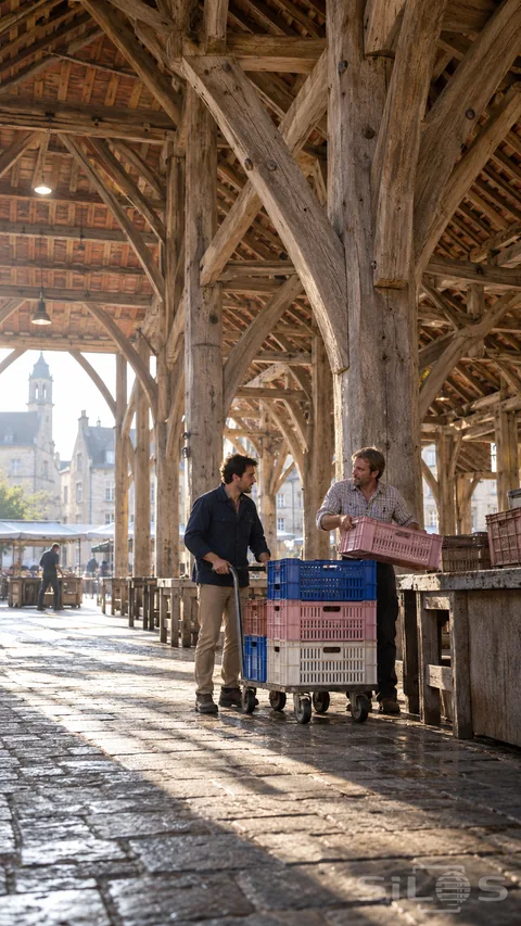 Two workers transfer a pink crate from a trolley beneath the wooden braces of a tall timber market hall.
