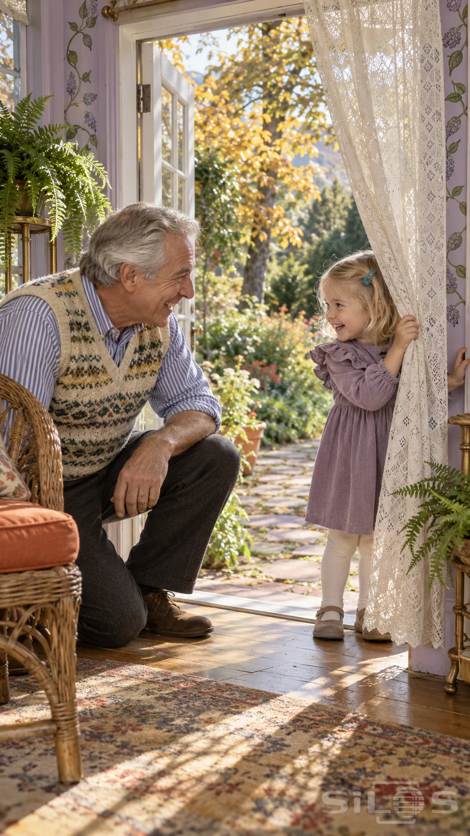 Garden-room peekaboo brings a little girl and her kneeling grandfather together beside a lace curtain in a lilac doorway.