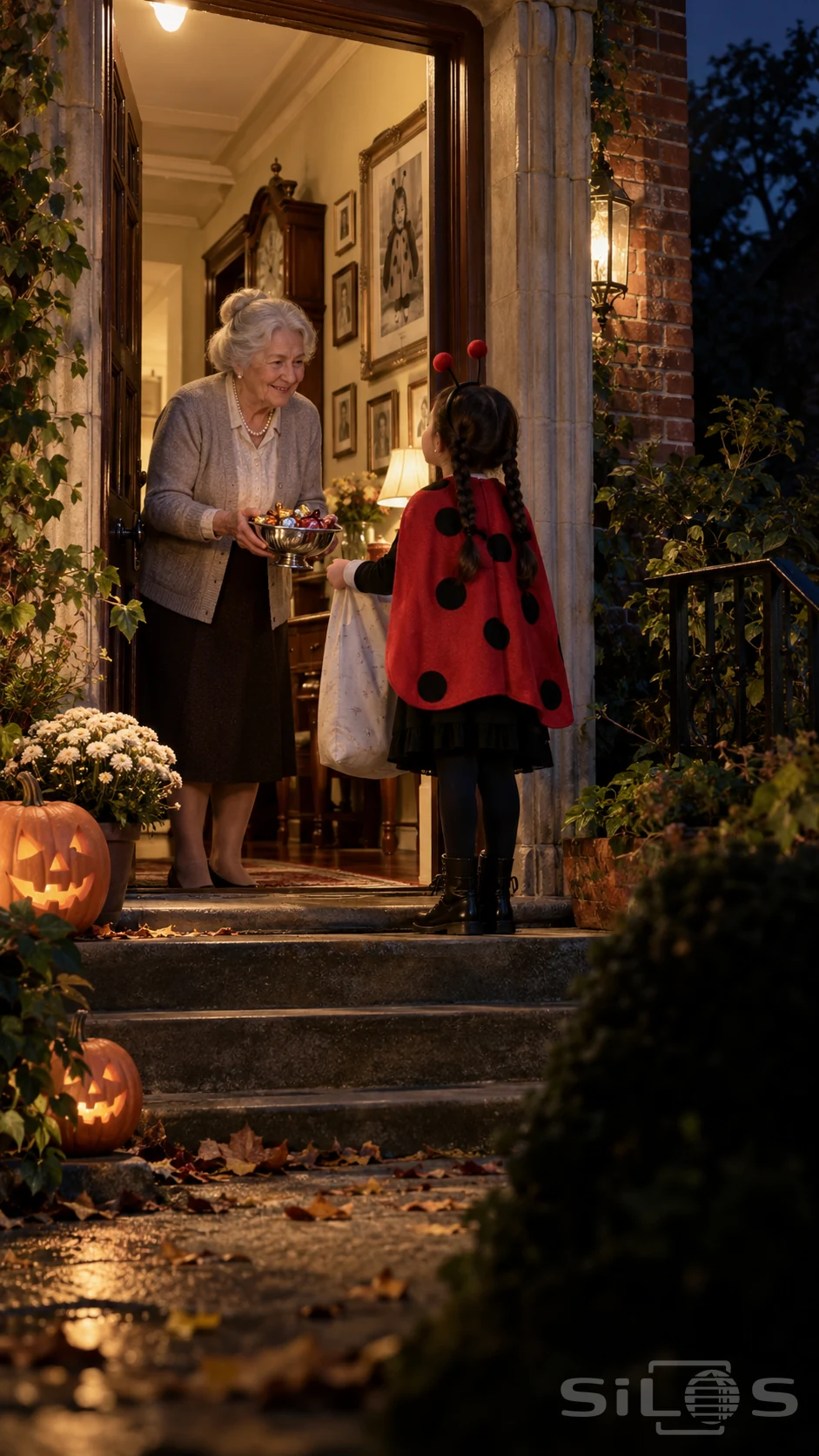 Elderly woman offers a silver bowl of sweets to a girl in a red ladybird cape at a warmly lit brick-house doorway