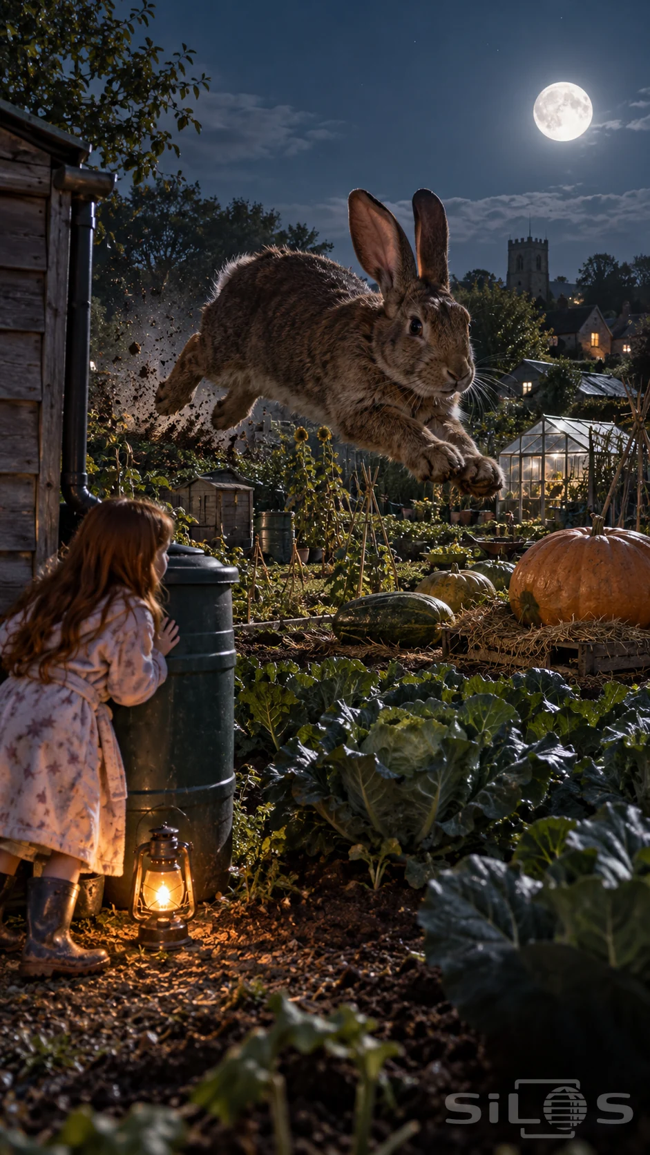 A giant rabbit leaps above cabbages and pumpkins under a full moon as a girl watches from beside a shed.