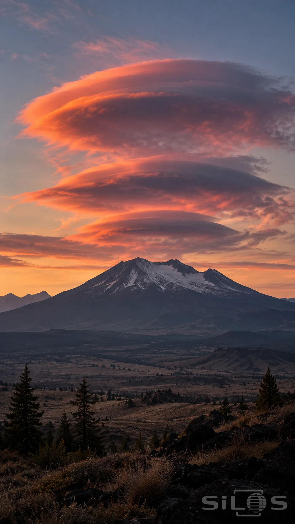 Coral lenticular clouds form smooth stacked layers above a dark mountain, with sparse trees and grasses below.