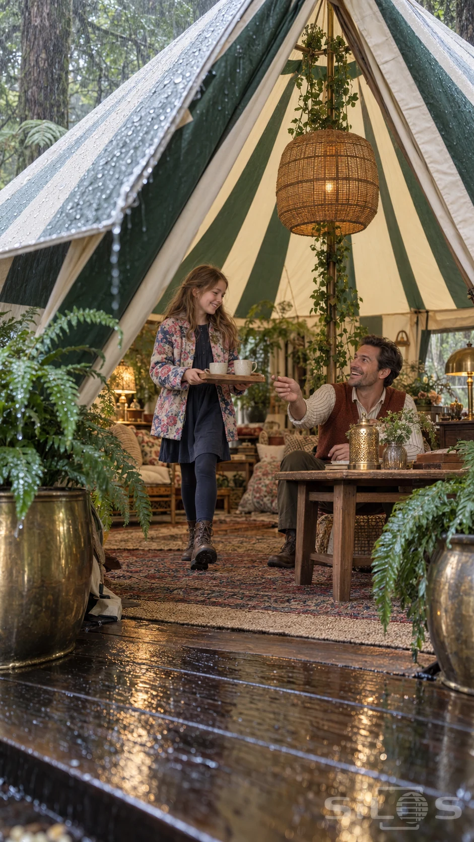 A daughter carries a tea tray toward her smiling father inside a striped rain tent seen through a dripping woodland doorway.