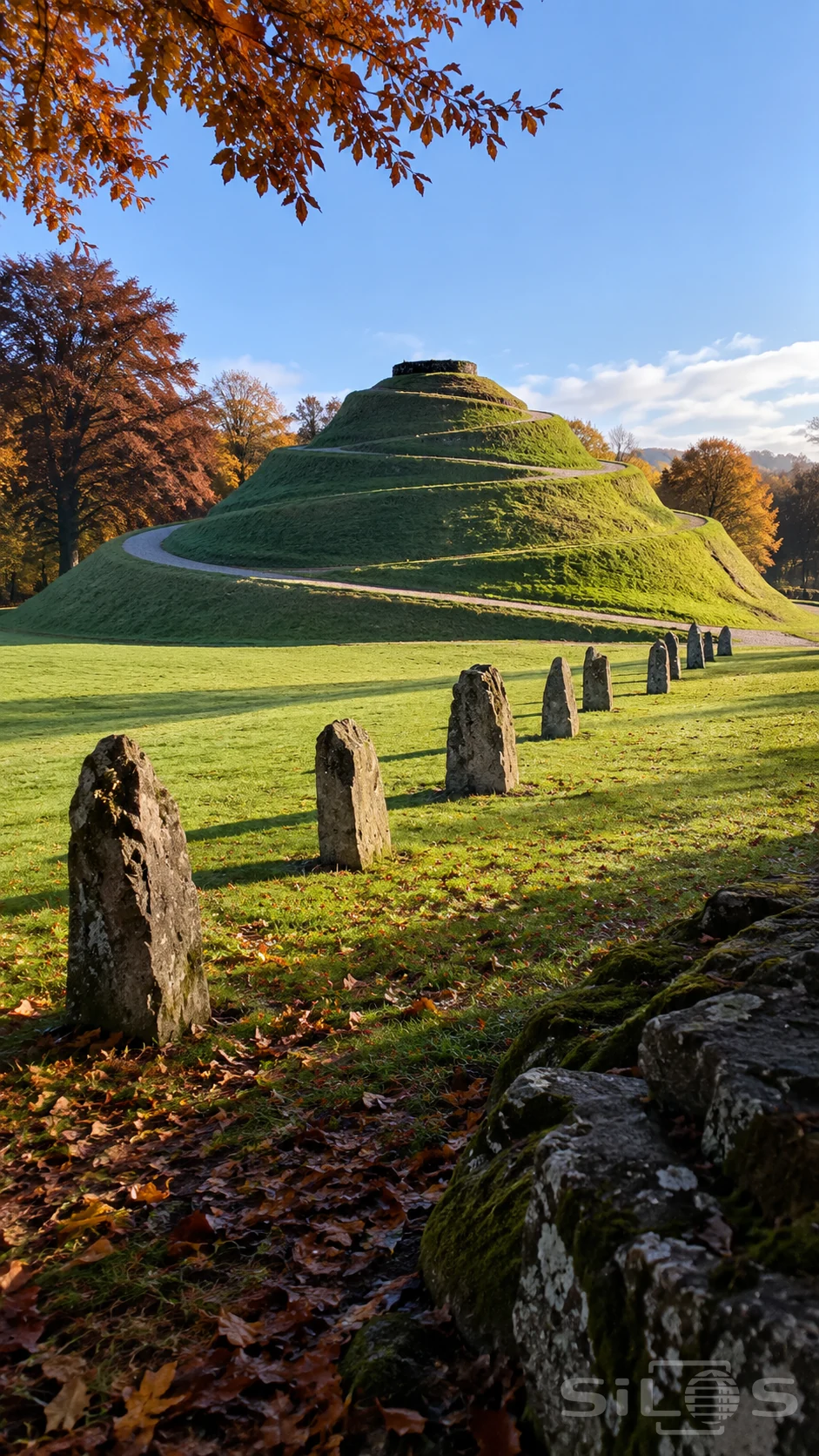 A broad spiral path climbs a conical grass hill behind a diagonal line of rough standing stones and copper autumn trees.