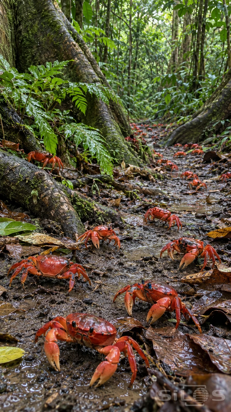 A red crab migration crosses wet leaf litter between large buttress roots and glossy green plants in a tropical forest.