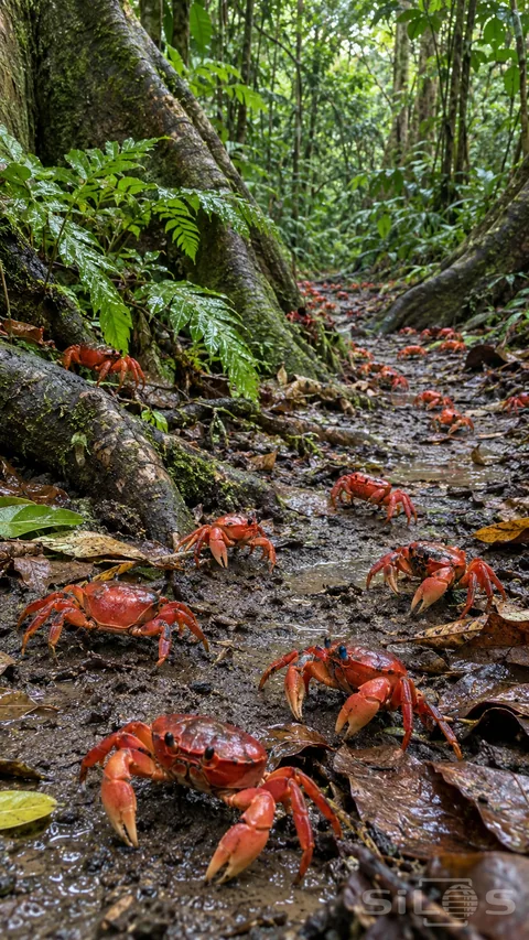 A red crab migration crosses wet leaf litter between large buttress roots and glossy green plants in a tropical forest.