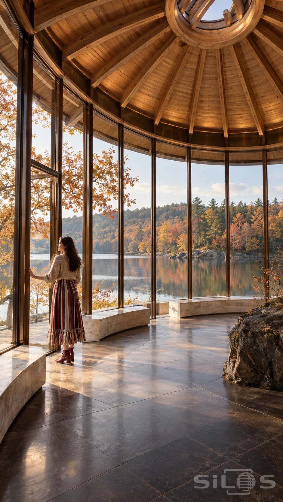 A woman in a soft sweater, striped fringe skirt and red boots stands by the glass wall of a timber-roofed rotunda overlooking an autumn lake.
