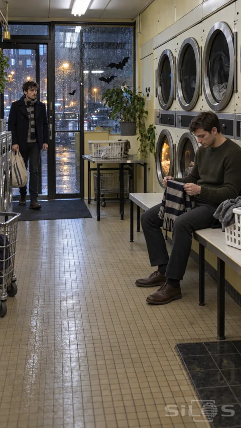 A man with a laundry bag stands at the entrance while another man in an olive jumper folds a scarf beside stacked dryers.