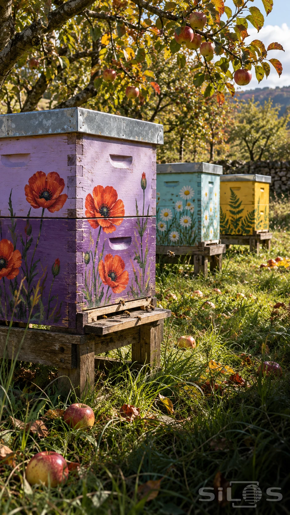 Painted beehives stand in an autumn orchard, the nearest violet box decorated with red-orange poppies and green stems.