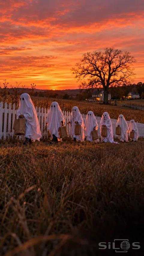 Seven children in white sheet ghost costumes walk beside a picket fence with brown paper sacks under an orange autumn sunset.