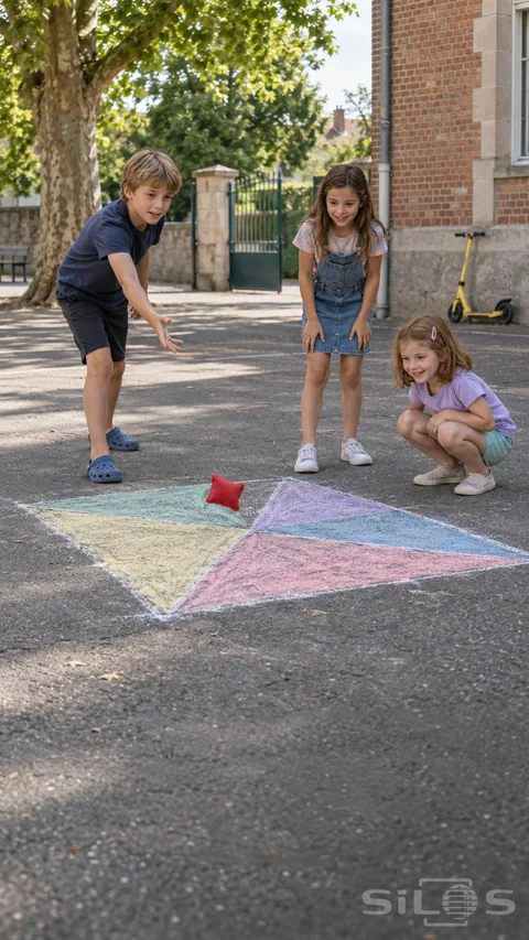 Three children play a chalk mosaic game as a red beanbag drops toward pastel shapes on a shaded schoolyard pavement.
