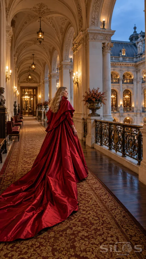 A blonde woman in a scarlet cape-gown with a long train stands in an ornate opera gallery overlooking a lit courtyard.
