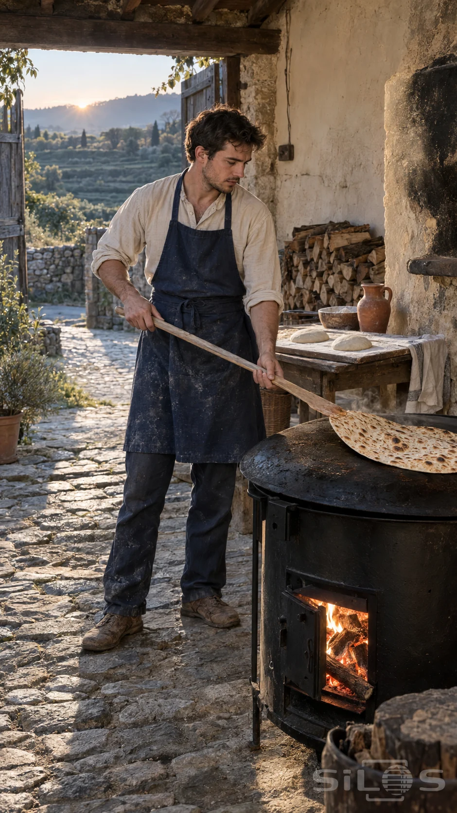 A baker lifts flatbread with a wooden bread paddle on an outdoor griddle in a stone courtyard at dawn.