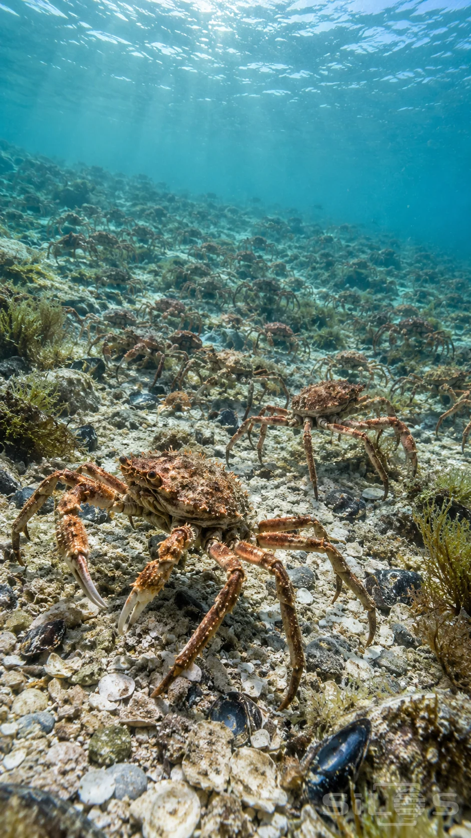 A spider crab gathering covers shell rubble beneath turquoise water with two large foreground animals and many smaller crabs behind.