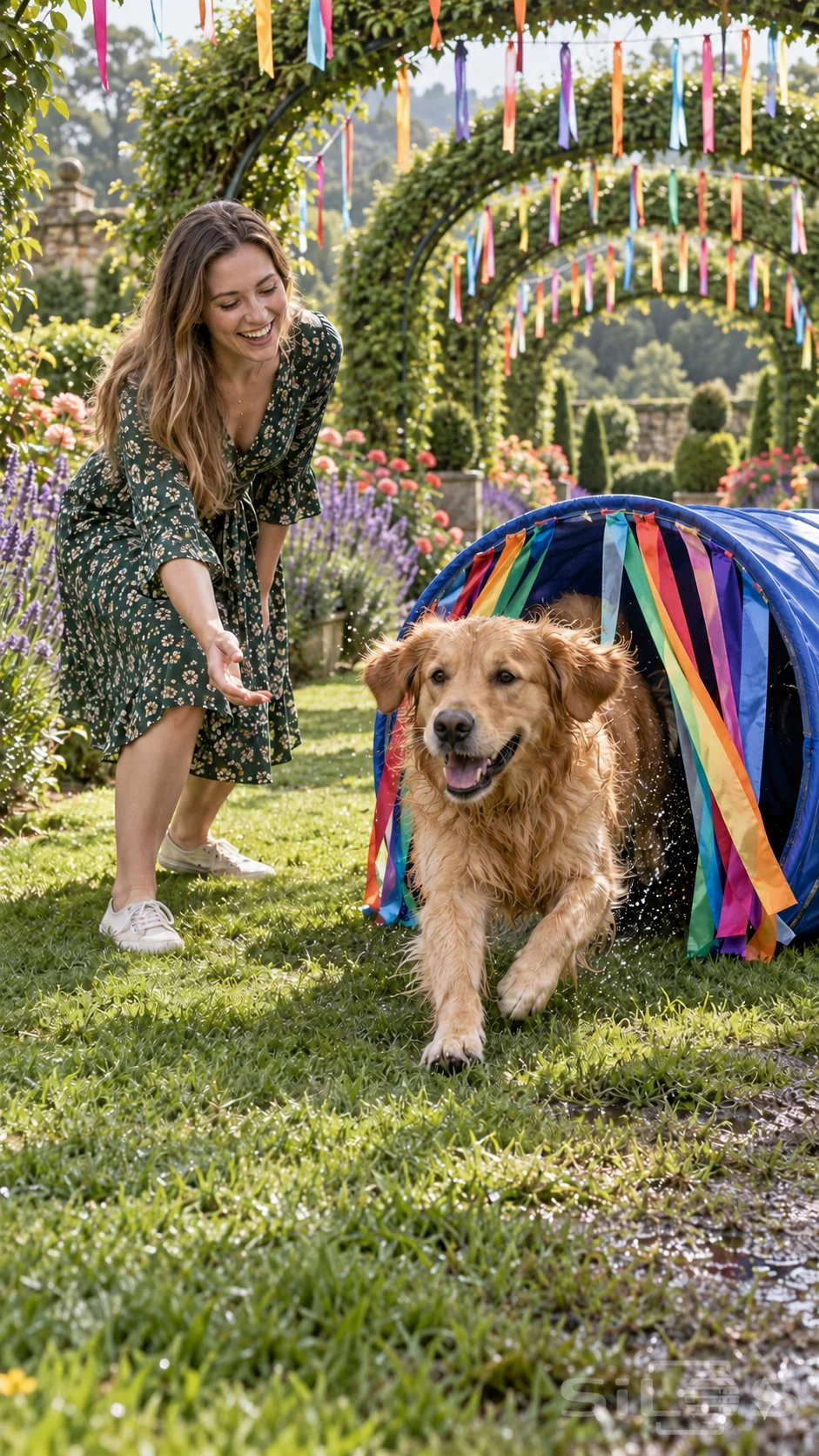 A golden retriever runs out of a rainbow ribbon tunnel toward a smiling woman in a green floral dress beneath garden arches.