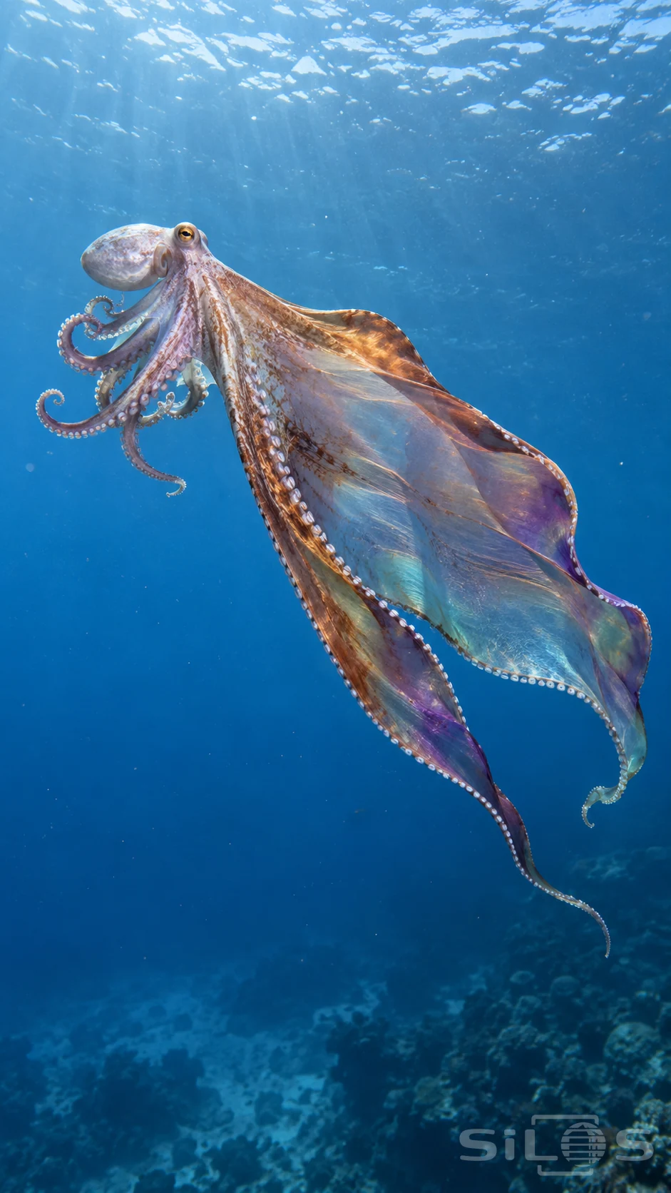 A blanket octopus trails a copper and violet translucent web through blue water beneath the bright sea surface.
