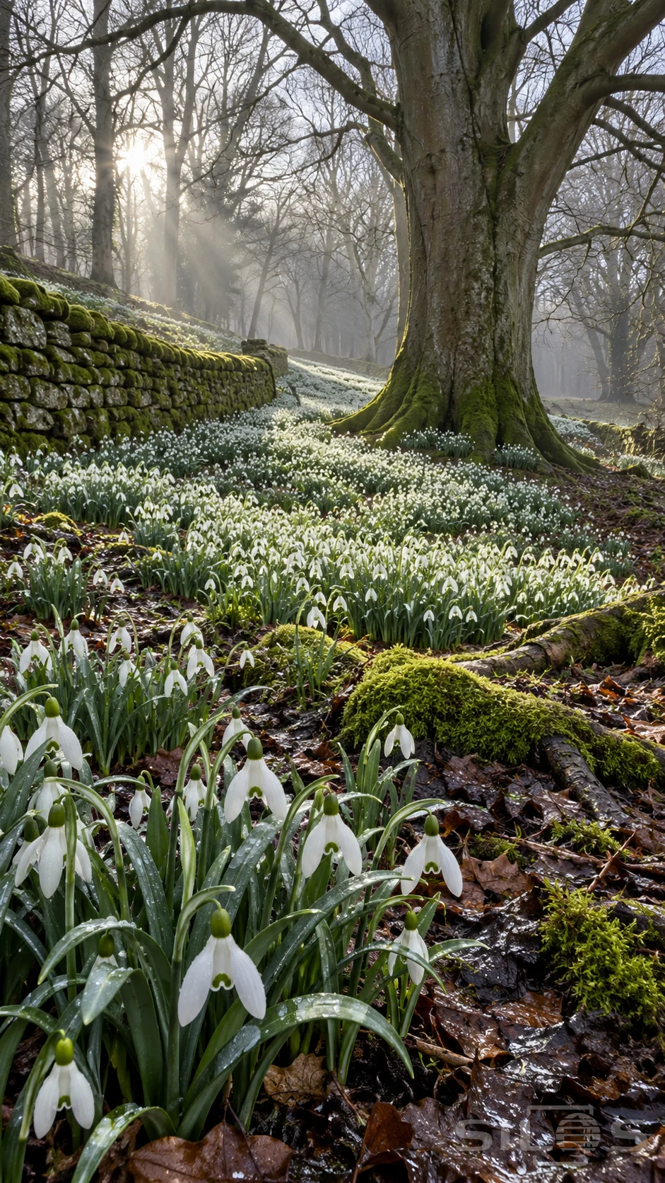 Snowdrop woodland carpet around an old tree and mossy stone wall with white flowers above wet leaves in morning light
